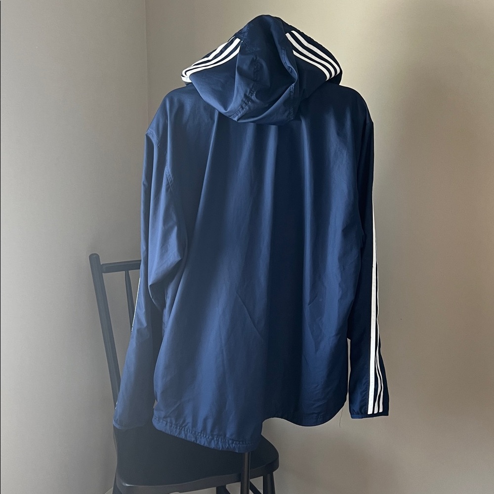 Adidas Men’s Navy Blue Hooded Windbreaker Jacket L 3 Stripe Mesh Lining Casual - Picture 4 of 6
